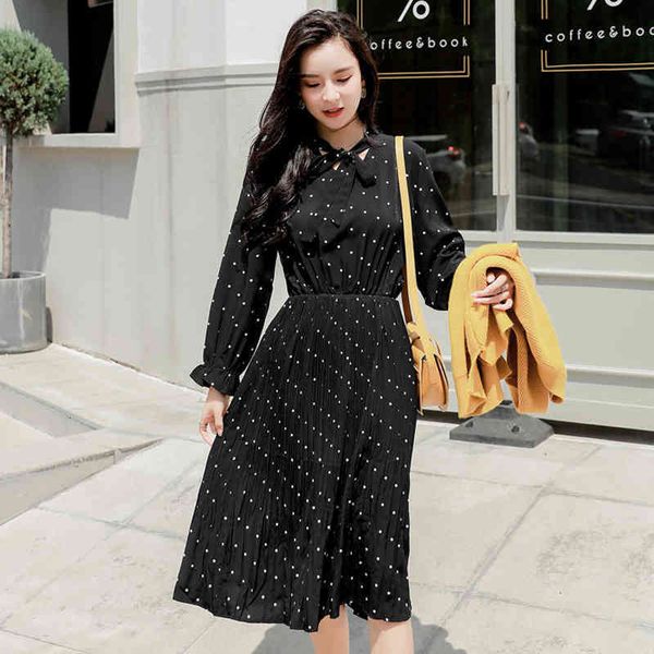 

casual dresses dresses spring autumn bow-neck polka dot female midi flare sleeve elastic waist a-line women dress vestidos femme 79rg, Black;gray
