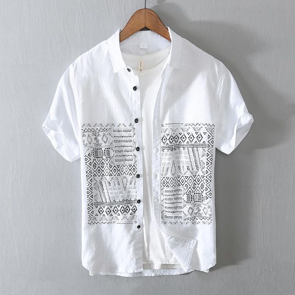 

summer chinese style cotton and linen shirt men short sleeve white print shirts for retro breathable mens clothing men's casual, White;black