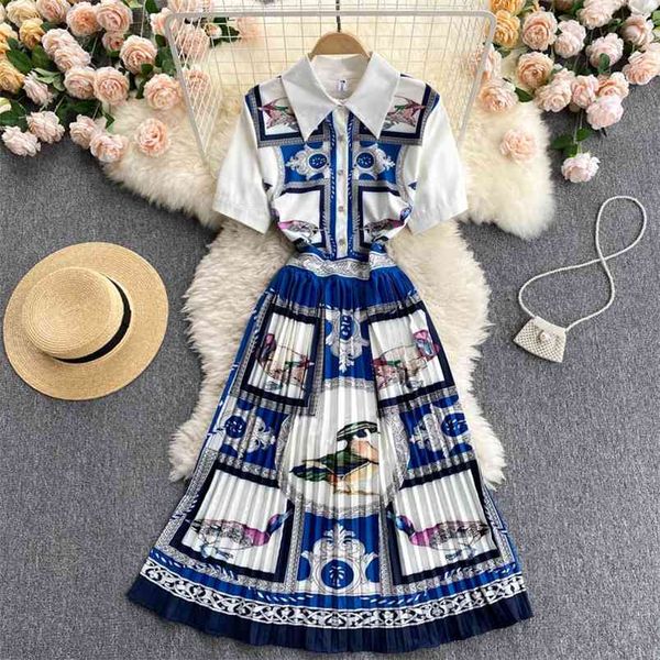 

european women's summer vestidos lapel short-sleeved shirt printing heavy-duty pleated midi dress gl014 210506, Black;gray