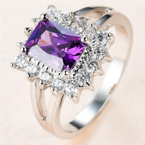 

Trendy Female Square Crystal Stone Ring Charm Silver Color Wedding Rings For Women Dainty Bride Purple Zircon Engagement, Slivery;golden