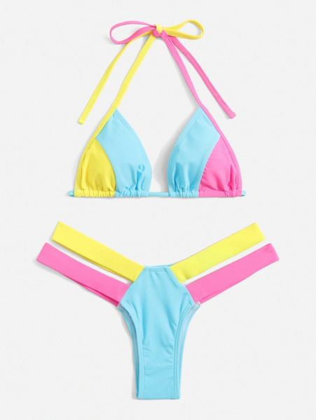 

color block halter triangle bikini swimsuit m6ic#, White;black