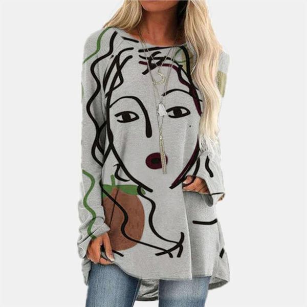 

women's blouses & shirts harajuku face print blouse women abstract oversized o neck long sleeve loose casual blusas mujer 40#, White