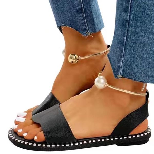 

sandals black plus size pearl beach women outdoor casual flat shoes woman 2021 soft pu leather rome ladies 43