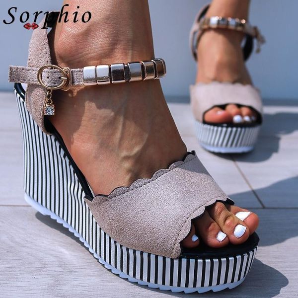 

sorphio summer wedges shoes woman fashion striped platform sandals women ins office concise metal decorating, Black