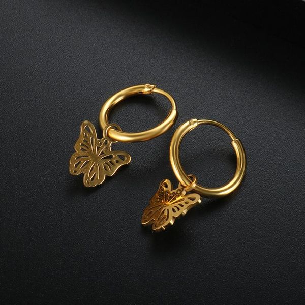 

hoop & huggie zmfashion hollow butterfly pendant earrings for women stainless steel simple insect charm jewelry accessories gift, Golden;silver