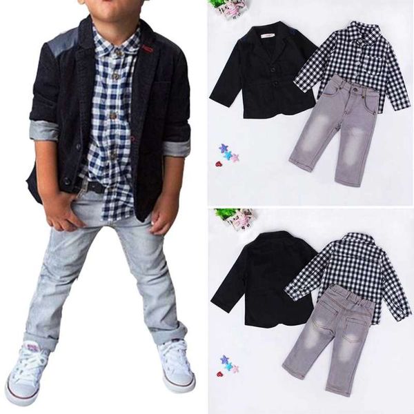 3 teile/satz Sommer Baby Jungen Kleid Anzüge Kleidung Für Gentleman Jungen Kinder Shirts Hosen Kinder Anzug Jacke + Kariertes Hemd + Jeans