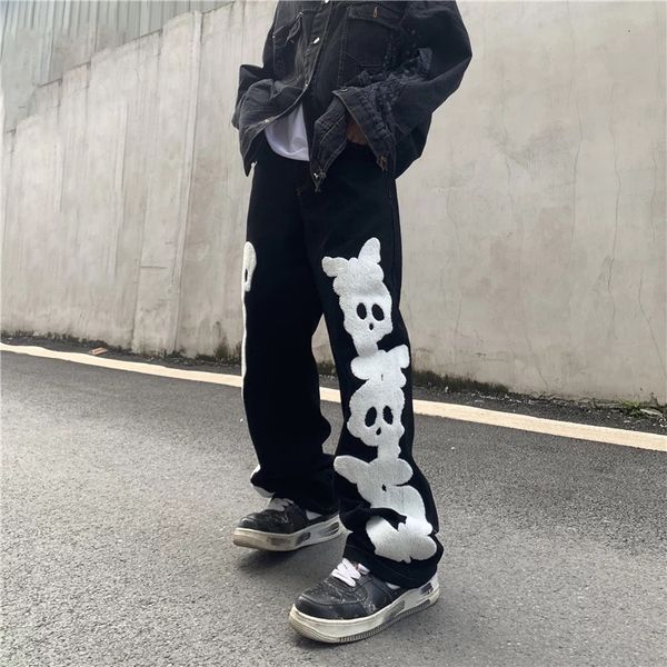 

men's jeans hip hop vintage denim jeans crÃ¢nio graffiti remendo solto reta mid-rise calÃ§as angustiadas casal streetwear outono yxnz, Blue