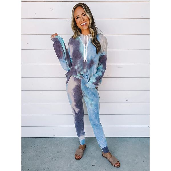 

2021 women's casual tie dyeing two piece hooded sweater pants set, Black;red