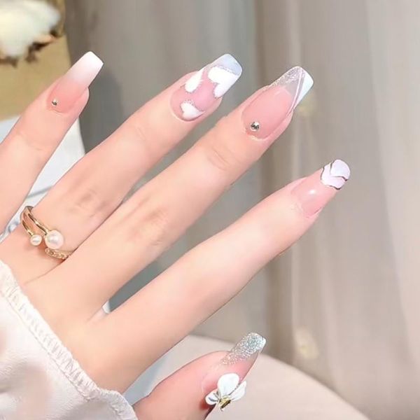 

false nails white heart fake with designs gradient rhinestone pearl coffin artificial tips bow long ballerina nail z1348, Red;gold