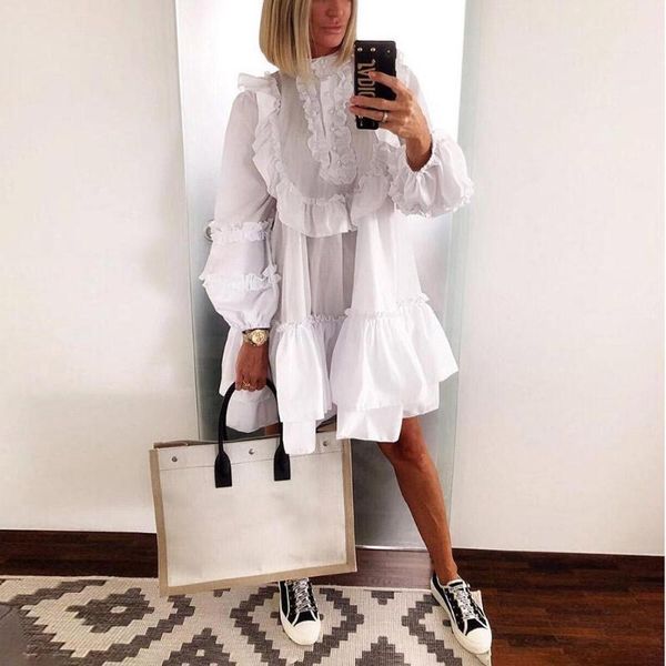 

women's swimwear autumn elegant white high neck ruffle dress long sleeve short loose dresses fashion puff vestidos mulher 2021, White;black