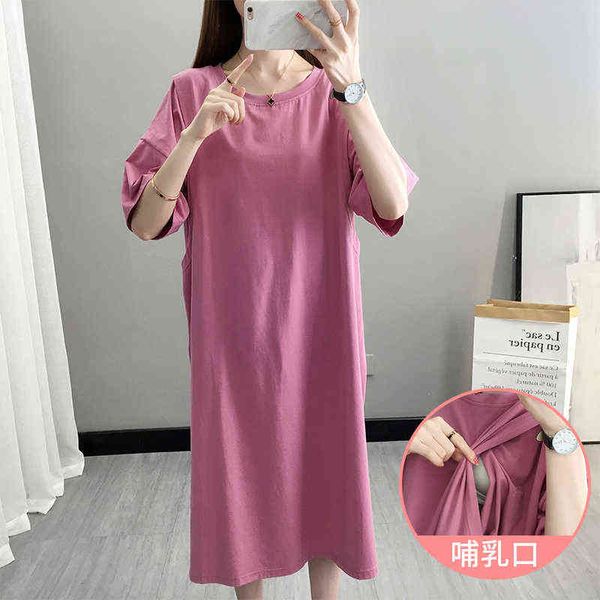 

pure color breastfeeding dress mid-calf short sleeve cotton maternity dresses pregnant women clothes 2006 aa220309, White