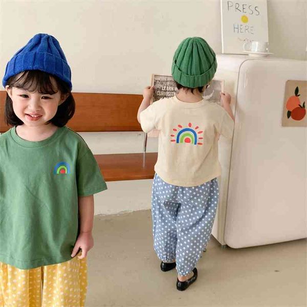

spring arrival girls fashion cotton t shirt kids korean design rainbow 210528, Blue
