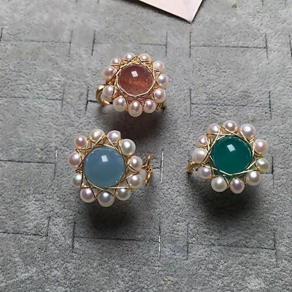 

wedding rings luxury gold plated handmade pearl red/purple/blue gems crystal for cocktail party women bridal jewelry, Slivery;golden
