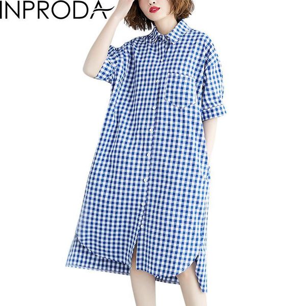 

casual dresses inproda women dress asymmetry plaid shirt plus size short sleeve split loose long summer 2021, Black;gray
