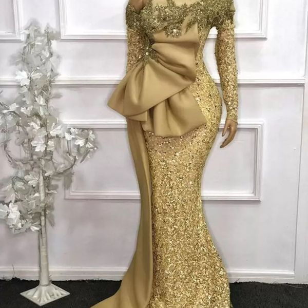 

2022 elegant african long sleeves lace mermaid evening dresses gold see through full sleeves beaded prom gowns robe de soiree bc11139, Black