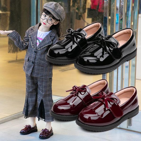 

girls leather shoes spring 2021 single soft sole princess british style black student performance flat, Black;grey