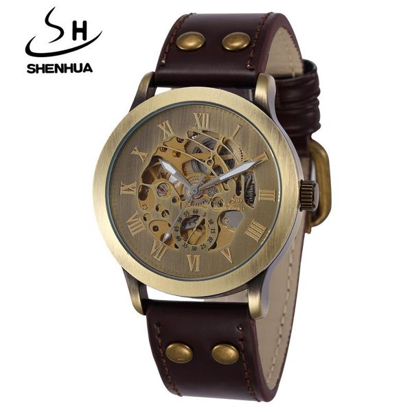 

ng 2021 shenhua fashion bronze vintage men watches men's skeleton stainless steel automatic mechanical wristwatches, Slivery;brown