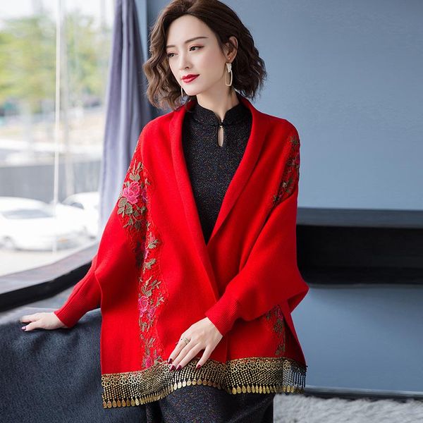 

scarves mother in law autumn winter embroidery pashmere woman fashion flowers shawl plus size cardigan tassel knit sleeve poncho cape, Blue;gray