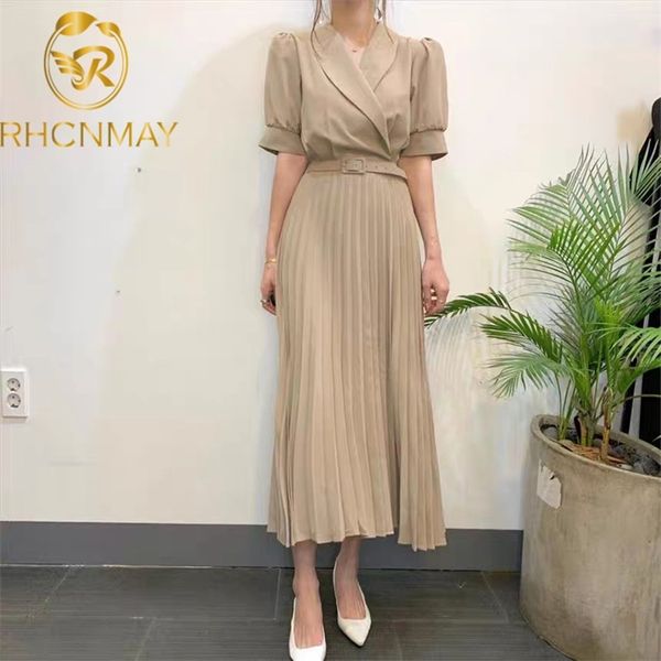 

korea office ladies short sleeve notched blazer dress summer women elegant slim lace-up sashes pleated midi 210506, Black;gray