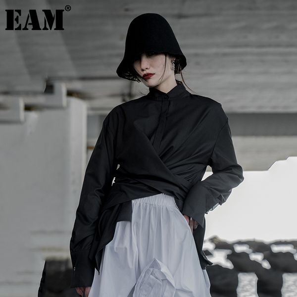 

[eam] women black asymmetrical big size blouse lapel long sleeve loose fit shirt fashion spring autumn 1dd6200 21512, White