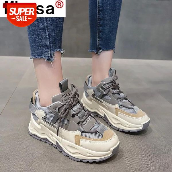 

2021 spring new women's chunky sneakers fashion platform shoes lace up round head breathable women vulcanize dad #4o3p