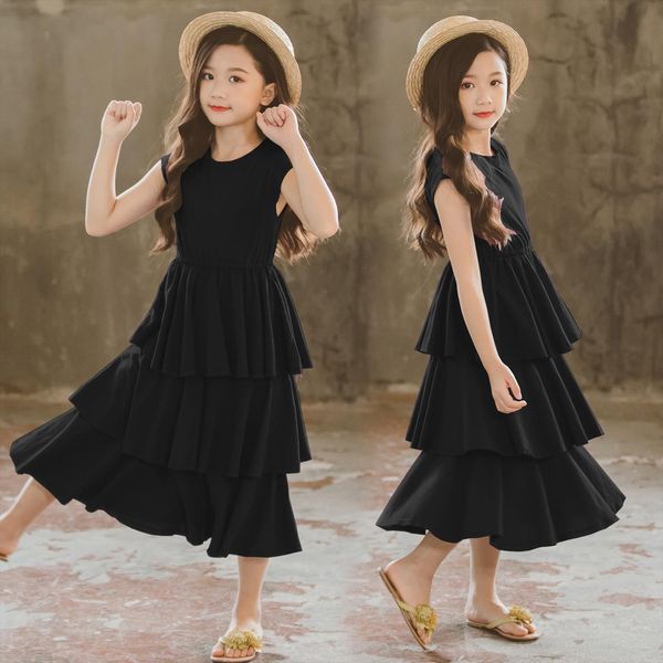

black 3 layer cake girl dresses for girls summer elegant princess teens party frock kids cotton maxi long children evening, Red;yellow