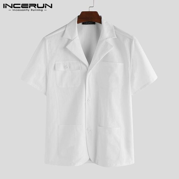 

men's casual shirts incerun 2021 men shirt lapel solid multi-pockets button short sleeve breathable loose cargo chemise s-5xl, White;black