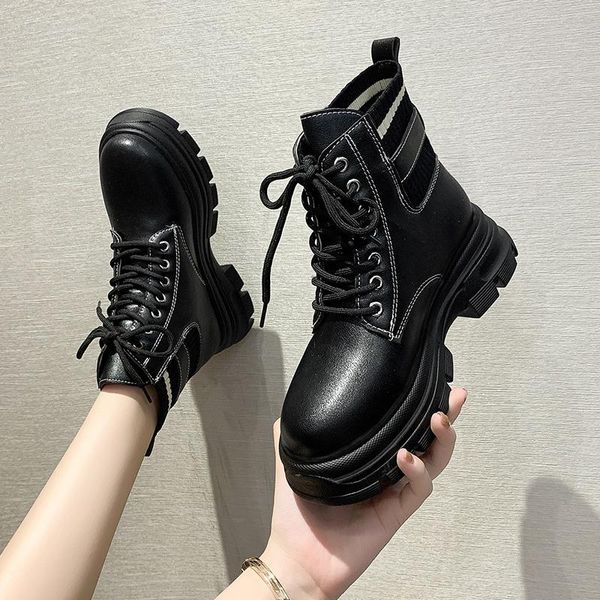 

boots women's autumn female shoes boots-women round toe lace up lolita ladies 2021 ankle rubber med rock summer solid pu lace-up, Black