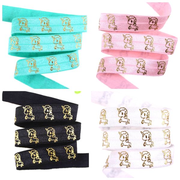 

100yards/lot gold foil cute unicorn foe ribbon unicorns fold over elastic for hair ties accessories welcome custom design, Pink;blue