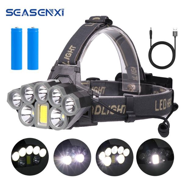 

headlamps seasenxi 90000 lumens t6+xpe+cob led headlights usb charging headlamp bulid in 2*18650 battery long-range fishing camping