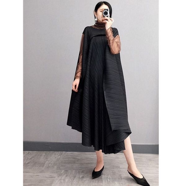 

casual dresses pleated 2021 summer plus size loose belly dress french aesthetic original design clothes niche qldo, Black;gray