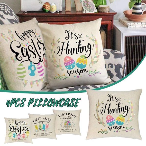 

pillow 40# linen single side cushion cover happy easter eggs pattern decoration case square throw pillowcase 45x45cm 4pcs