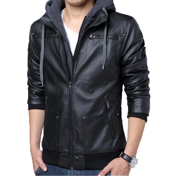 

men's jackets amberheard 2021 men pu leather jacket autumn winter fashion mens hooded moto fake two piece set coats jaqueta masculina, Black;brown