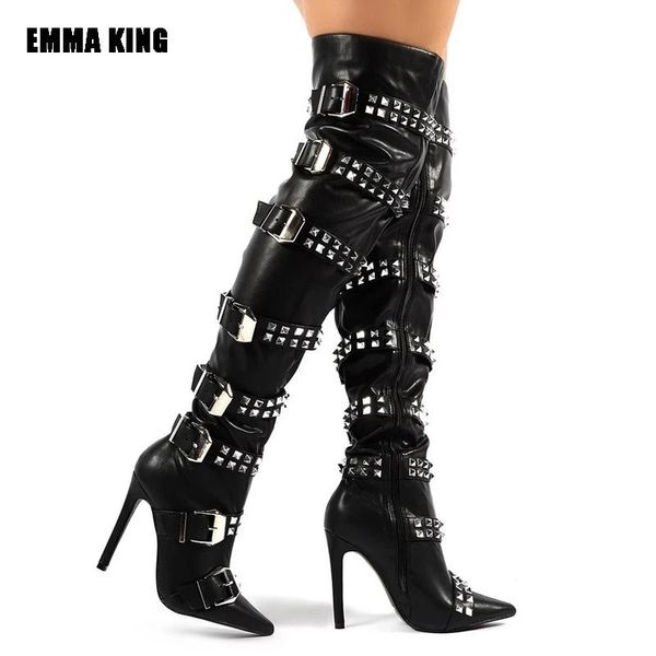 

boots 2021 women fashion thigh high blingbling rhinestone motercycle runway rivet buckle gladiator shoes for, Black