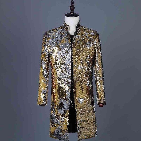 Giacca da uomo lunga con paillettes glitter oro lucido Giacca da uomo con colletto alla coreana Slim Fit Tuxedo Blazer da uomo Abiti da ballo per uomo da ballo maschile 210522