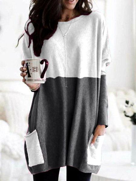 

women's t-shirt autumn winter women round collar loose solid color long sleeve pocket tunic casual female spring streetwear tees, White