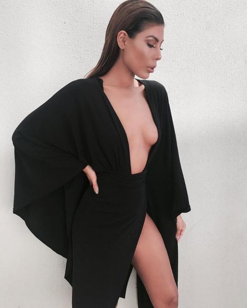 

casual dresses low bosom v-neck fashion women elegant celebrity night club party autumn winter long sleeve black white sexy, Black;gray