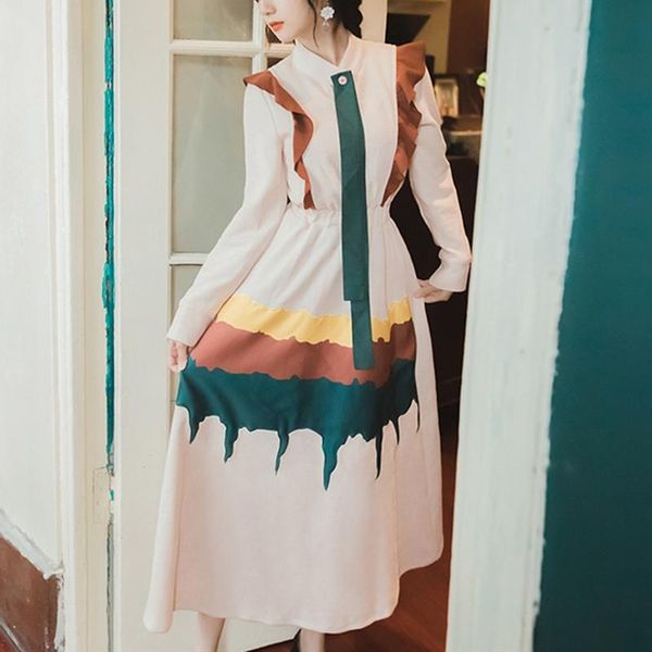 

casual dresses yamdi women dress female patchwork elegant chic ruffle print office lady 2021 spring autumn long sleeve maxi vestido, Black;gray