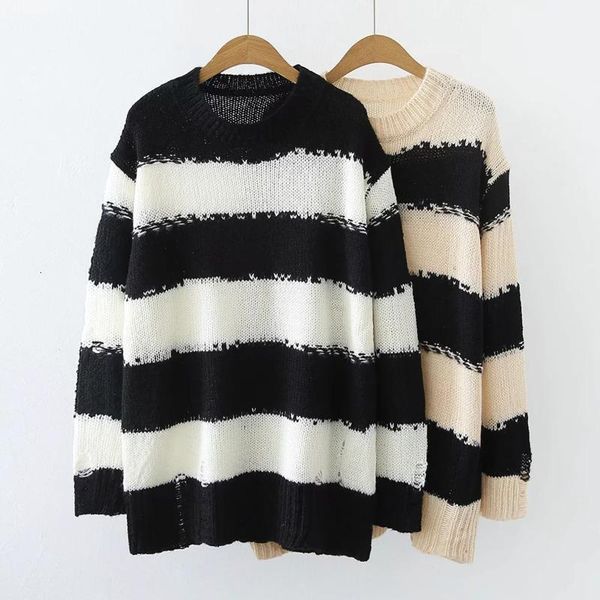 

women's sweaters [ewq] winter women casual round neck loose soft minimalist panelled striped long sleeve pullover knitting sweater 8d41, White;black