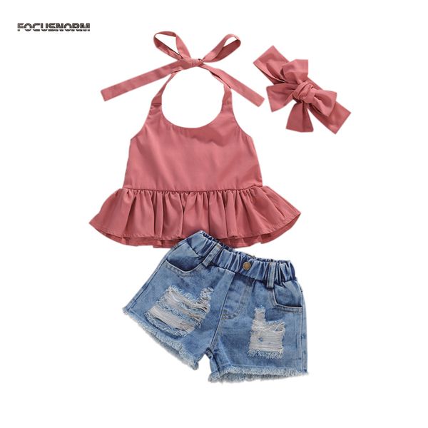 

clothing 1-6y fashion kids girls clothes sets solid ruffles sleeveless belt vest denim shorts 2pcs outfits c0225, White