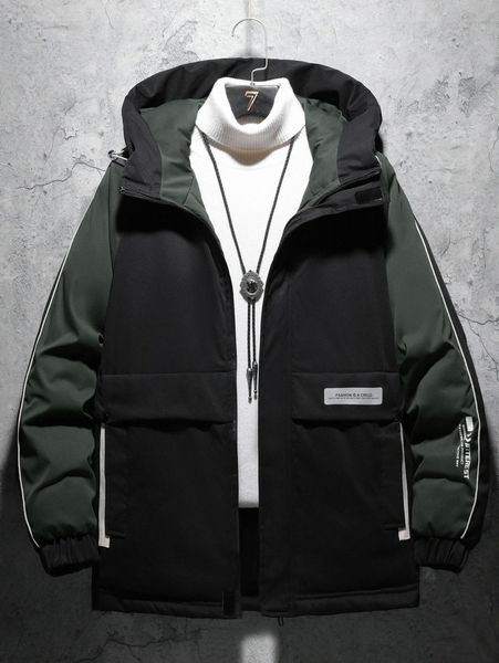 

men 1pc slogan graphic patched detail drawstring hooded winter coat o4ve#, Black;brown