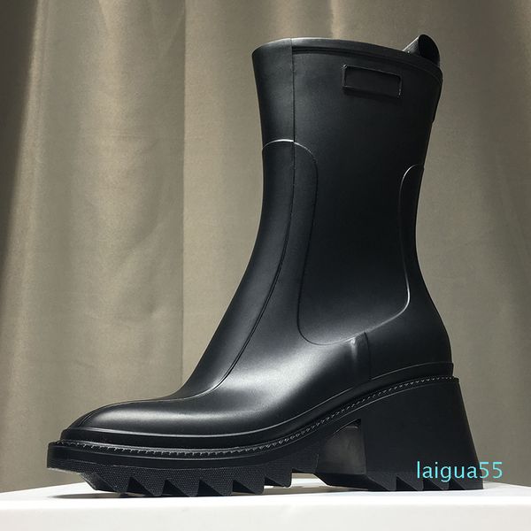 

winter womens heeled rainboots half boots shoes chunky med heels square toes shoe zip women 7cm heel mid calf booty wear resistant thick sol, Black