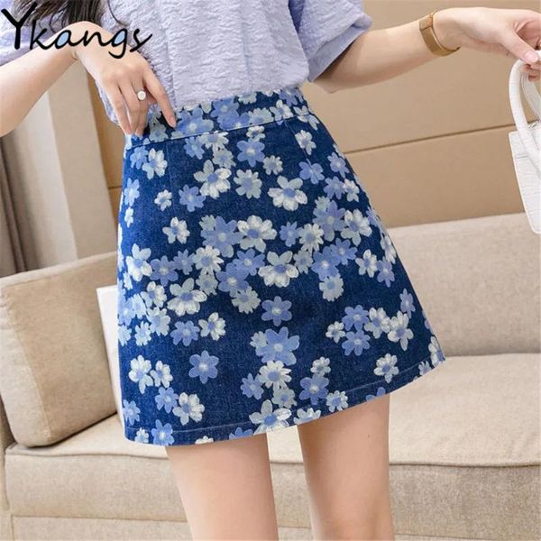 

flower print high waist a-line denim skirt women vintage mini jean hip korean fashion mujer summer pencil streetwear skirts, Black