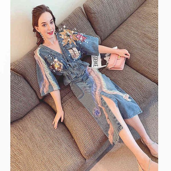 

two piece dress fashion suit women 's summer french retro embroidered denim skirt fried street - set 0snm, White