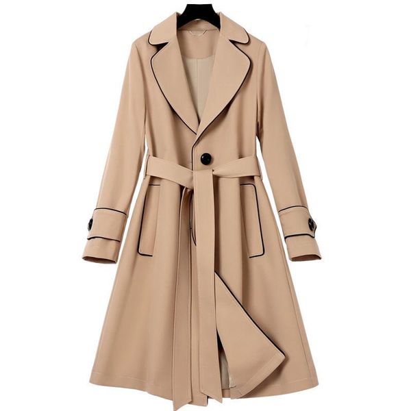 

women's trench coats long 2021 spring autumn korean casual windbreaker with belt oversize solid single-breasted ladies overcoat, Tan;black