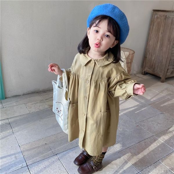 

jackets children's autumn mid length wind coat 2021 girls' vintage simple solid color baby collar korean single breasted girls, Blue;gray