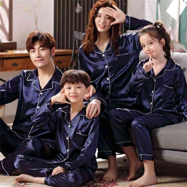 

family pajamas set silk satin women kids matching clothes children female sleep two piece loungewear plus 210724, Blue