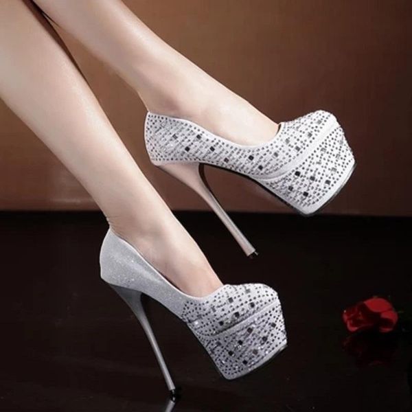 

dress shoes 2021 spring and autumn 16cm super high heel female single rhinestone stiletto round head wedding, Black