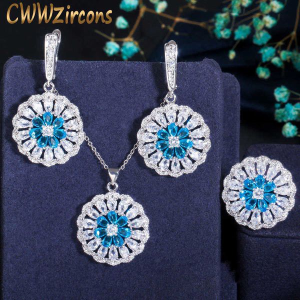 

round dangling drop light blue cubic zircon women ring necklace and earrings jewelry set boho style accessories t428 210714, Silver
