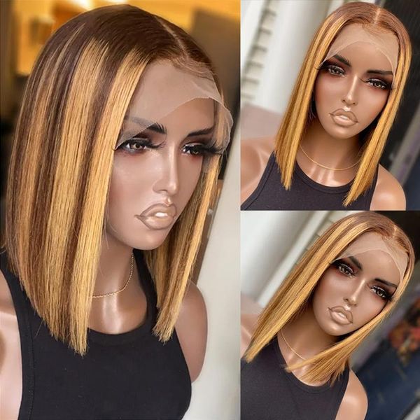 

lace wigs highlight wig human hair 13x4 front for women short bob straight closure brazilian pre plucked t part 180%, Black;brown